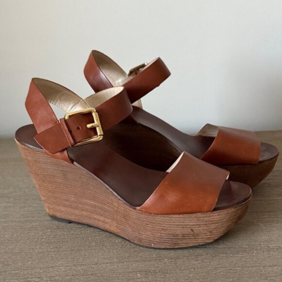 KORS Michael Kors Shoes - KORS Michael Kors Xaria Wedge Sandals in Brown Leather Size 9.5